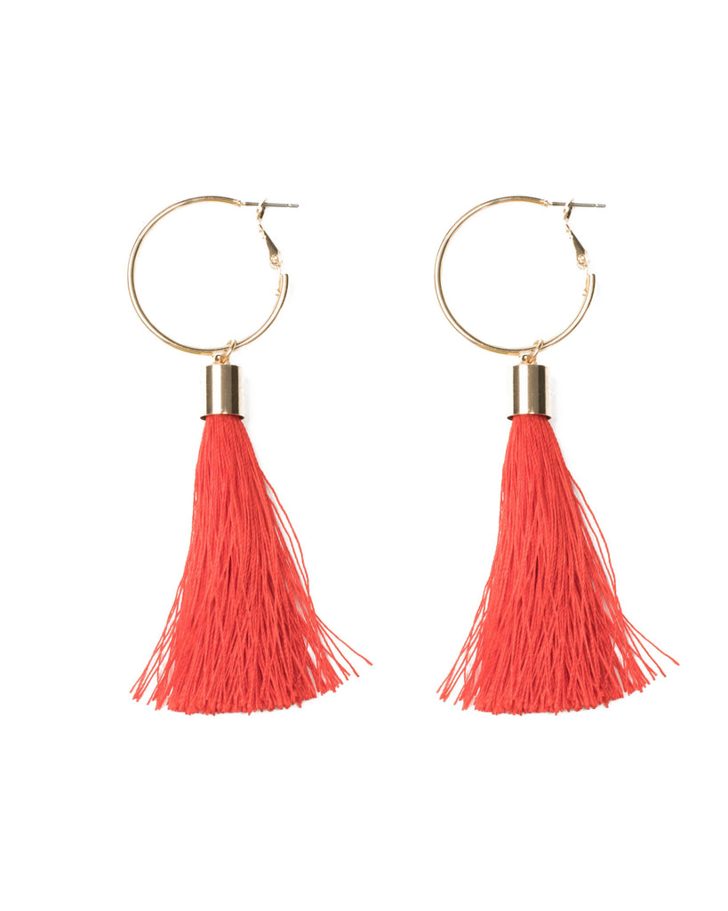 Red Gold Tone Hoop With Tassel Earrings