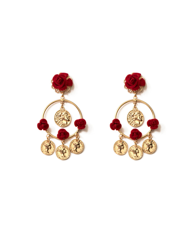 Red Gold Tone Coin And Roses Drop Earrings