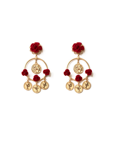 Red Gold Tone Coin And Roses Drop Earrings
