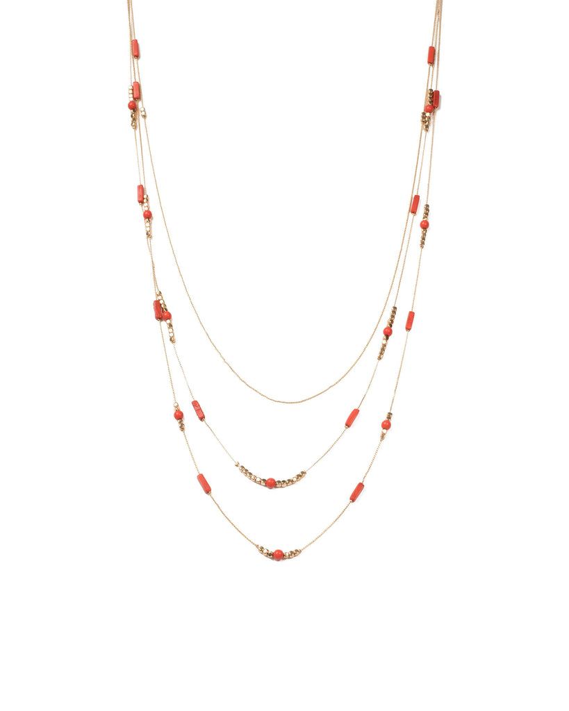 Red Gold Tone Multi Layer Long Beaded Necklace
