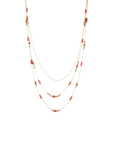 Red Gold Tone Multi Layer Long Beaded Necklace