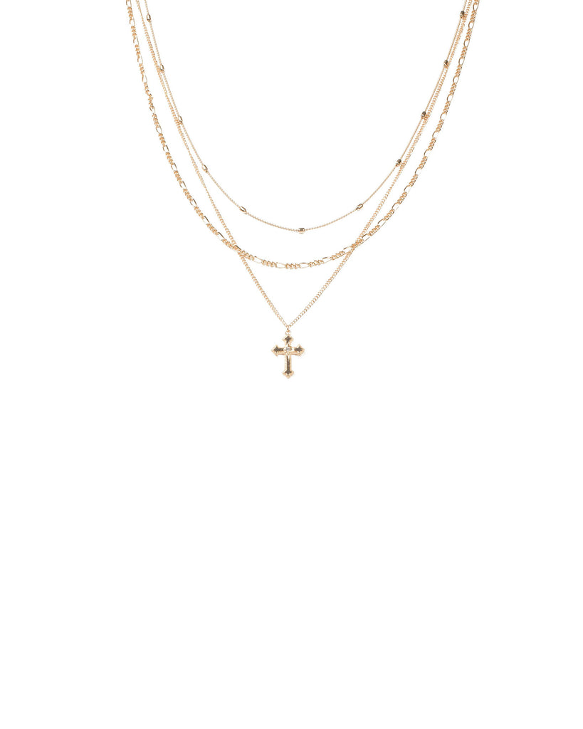 Gold Tone Cross Fine Multi Chain Necklace