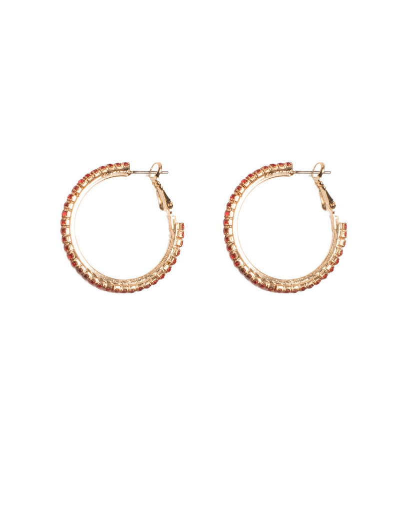 Red Gold Tone Pave Hoop Earrings