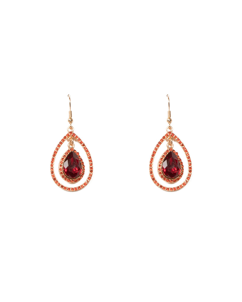 Red Gold Tone Teardrop Pave Crystal Earrings