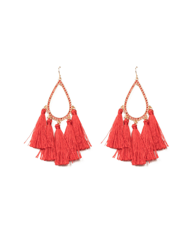 Red Gold Tone Teardrop Tassel Statement Earrings