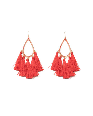Red Gold Tone Teardrop Tassel Statement Earrings