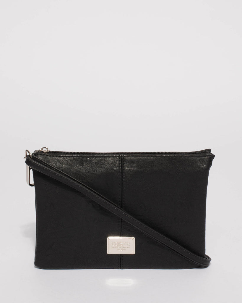 Black Smooth Triple Pocket Crossbody Bag With Silver Hardware