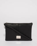 Black Smooth Triple Pocket Crossbody Bag With Silver Hardware