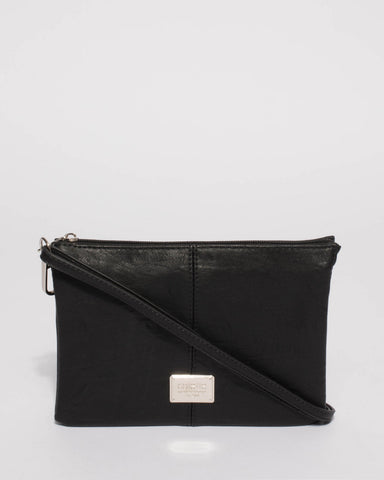 Black Smooth Triple Pocket Crossbody Bag With Silver Hardware