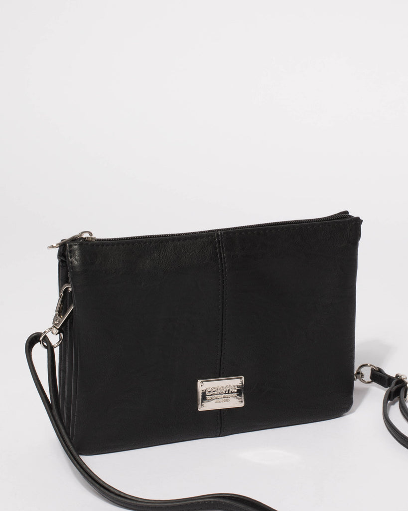 Black Smooth Triple Pocket Crossbody Bag With Silver Hardware