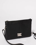 Black Smooth Triple Pocket Crossbody Bag With Silver Hardware