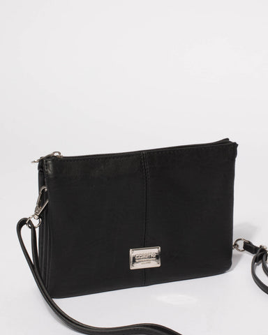 Black Smooth Triple Pocket Crossbody Bag With Silver Hardware