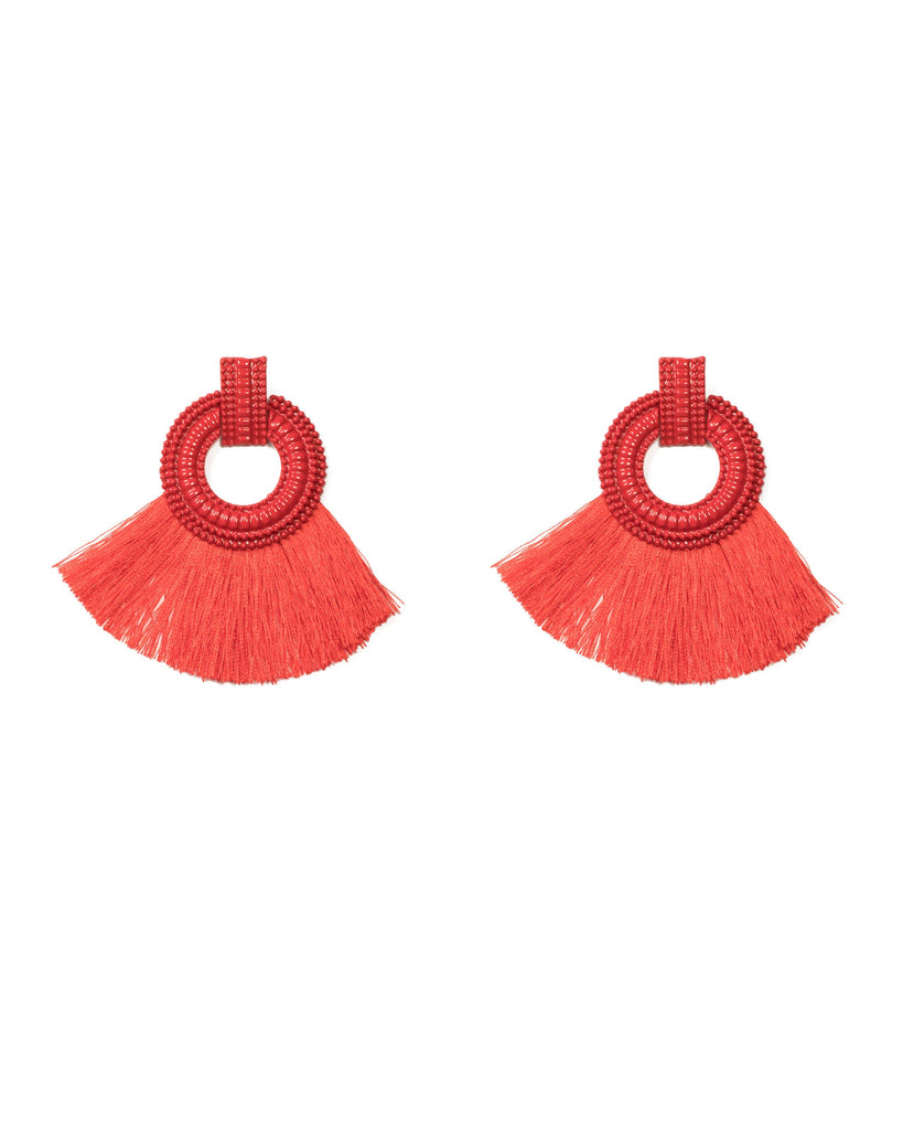 Red Silver Tone Large Tribal Tassel Statement Earrings