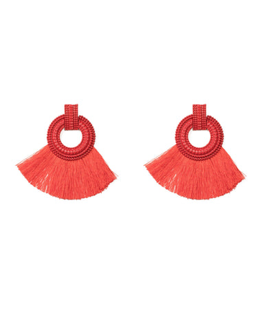 Red Silver Tone Large Tribal Tassel Statement Earrings