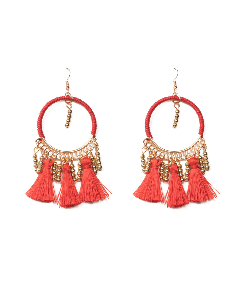 Red Gold Tone Wrapped Hoop With Tassel Statement Earrings