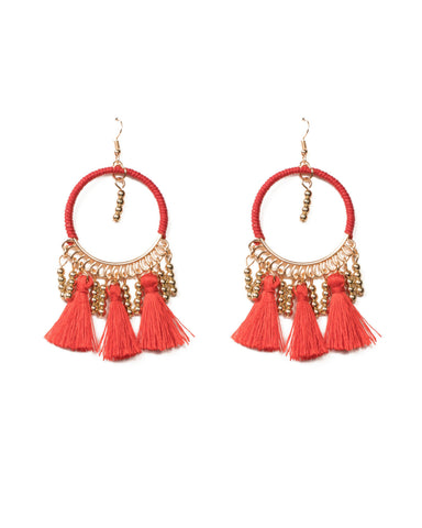 Red Gold Tone Wrapped Hoop With Tassel Statement Earrings