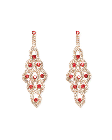 Red Gold Tone Pattern Diamante Drop Statement Earrings