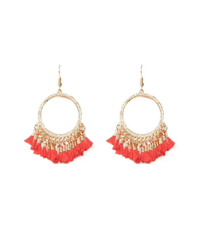 Red Gold Tone Round Tassel Drop Hoop Earrings
