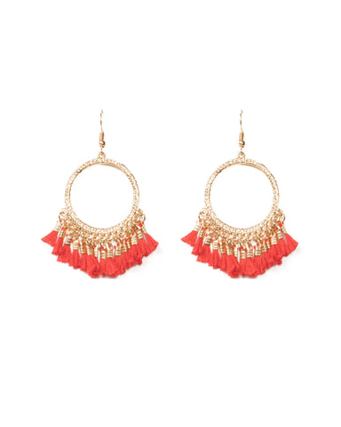 Red Gold Tone Round Tassel Drop Hoop Earrings