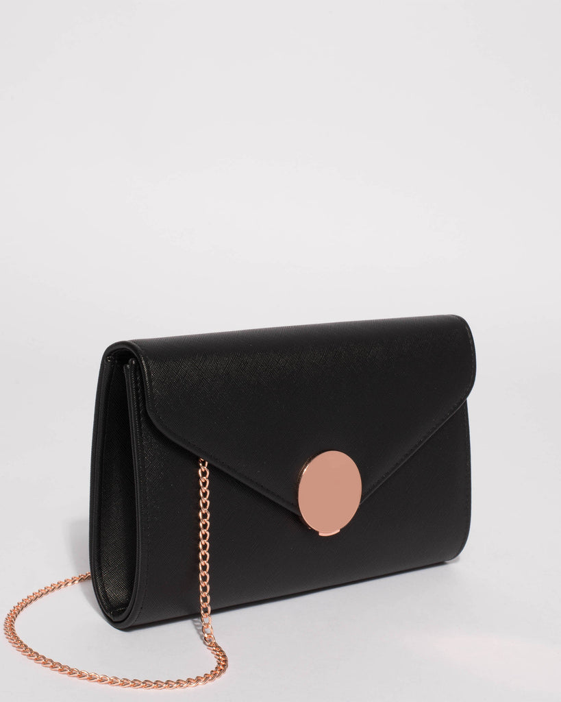 Black Ros Lock Clutch Bag With Rose Gold Hardware