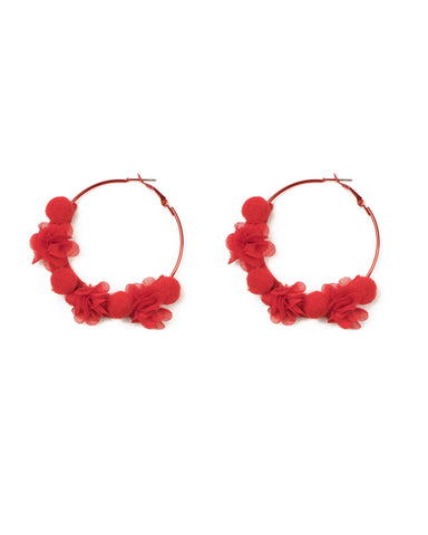 Red Silver Tone Pom Pom Chiffon Texture Statement Earrings