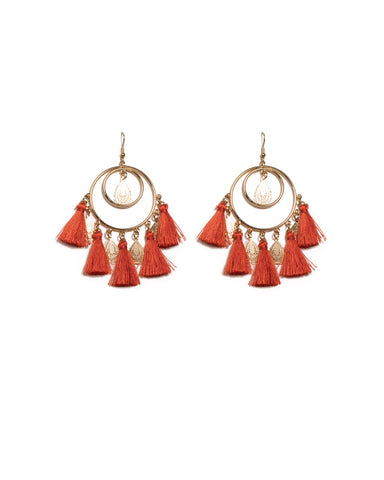 Orange Gold Tone Coin Tassel Drop Earrings