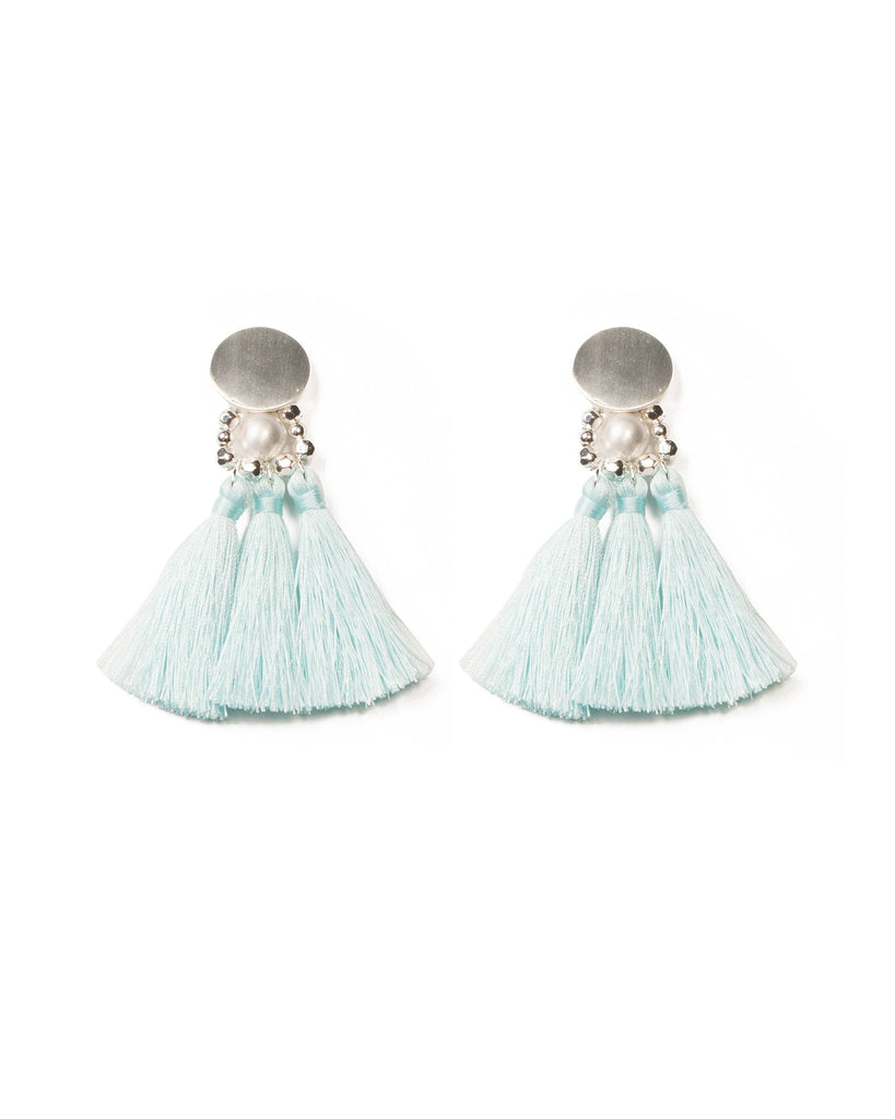 Light Blue Silver Tone Circle Triple Tassel Earrings