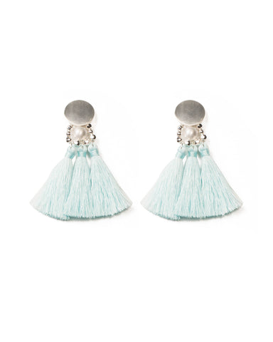 Light Blue Silver Tone Circle Triple Tassel Earrings