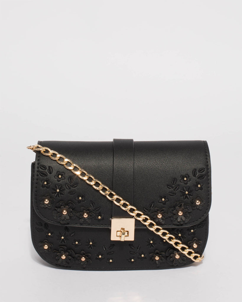 Black Talia Flower Saddle Crossbody Bag