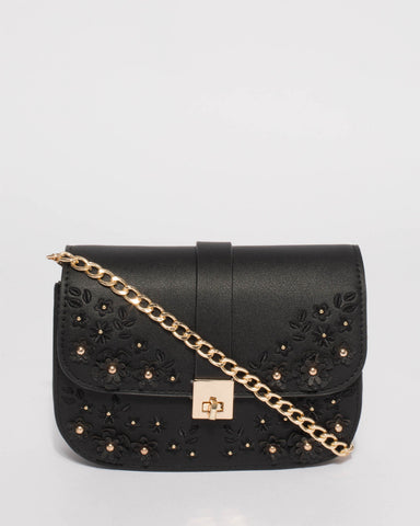Black Talia Flower Saddle Crossbody Bag