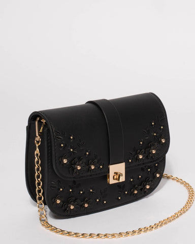 Black Talia Flower Saddle Crossbody Bag