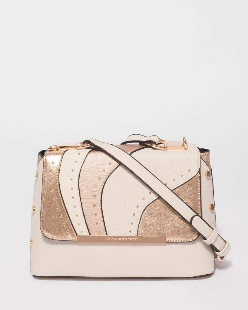 Rose Gold And Ivory Charlee Panelled Flap Crossbody Bag