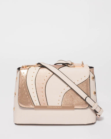 Rose Gold And Ivory Charlee Panelled Flap Crossbody Bag