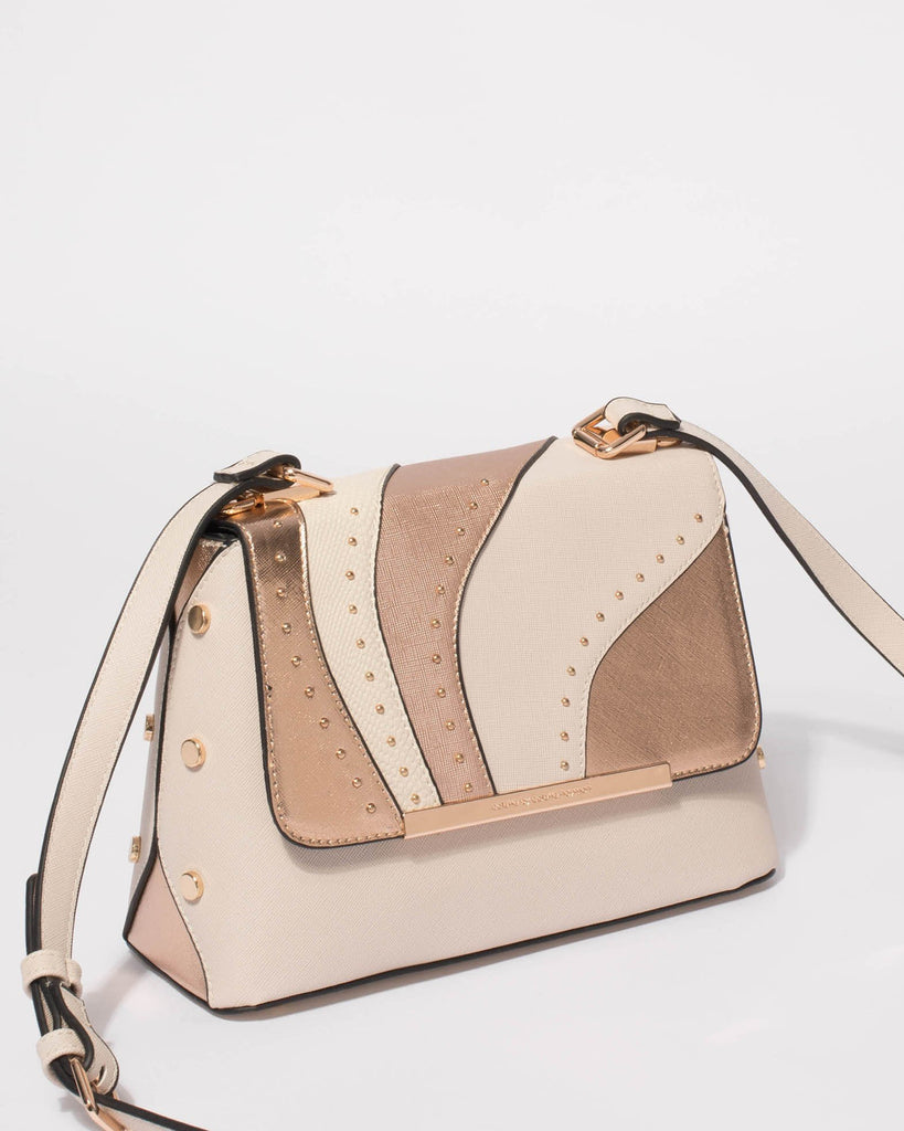 Rose Gold And Ivory Charlee Panelled Flap Crossbody Bag