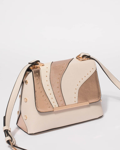 Rose Gold And Ivory Charlee Panelled Flap Crossbody Bag