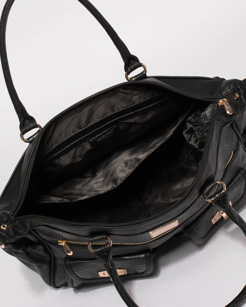 Black Multi Textured Double Pocket Baby Bag With Gold Hardware