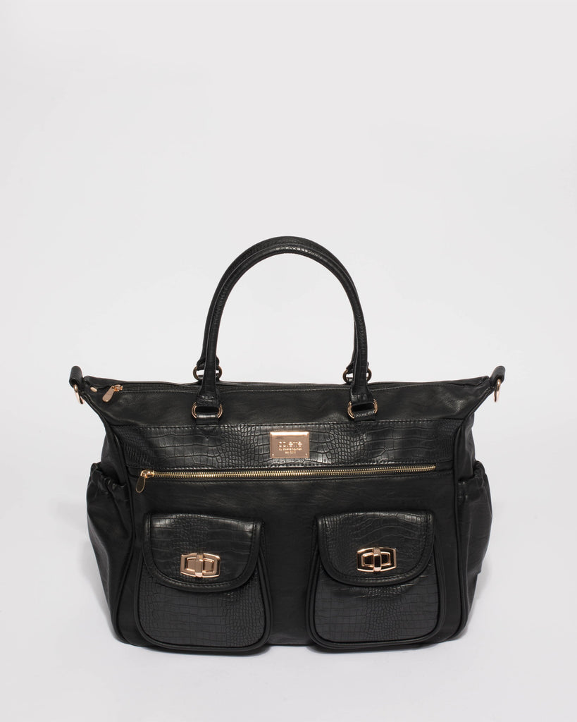 Black Multi Textured Double Pocket Baby Bag With Gold Hardware