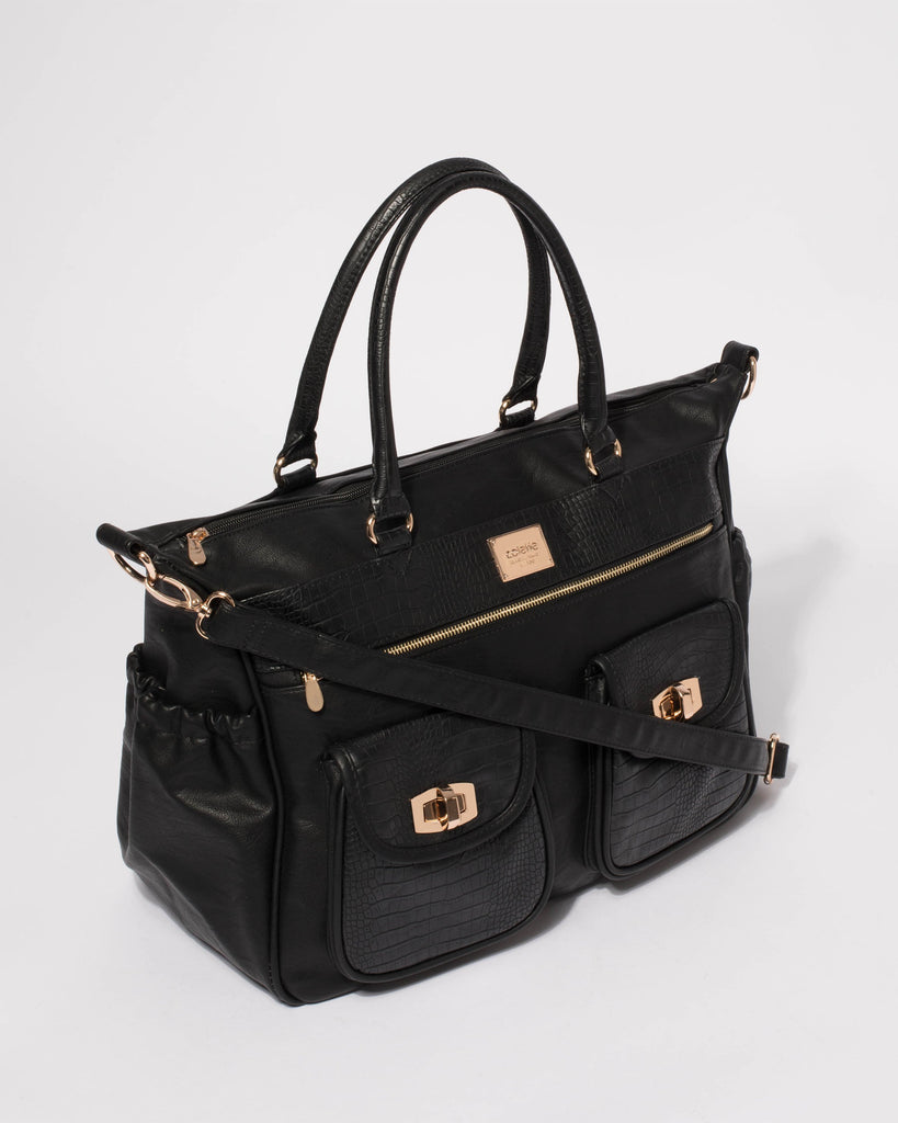 Black Multi Textured Double Pocket Baby Bag With Gold Hardware