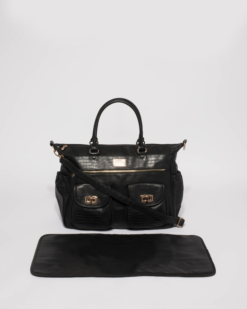Black Multi Textured Double Pocket Baby Bag With Gold Hardware