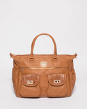 Tan Textured Double Pocket Baby Travel Bag With Gold Hardware