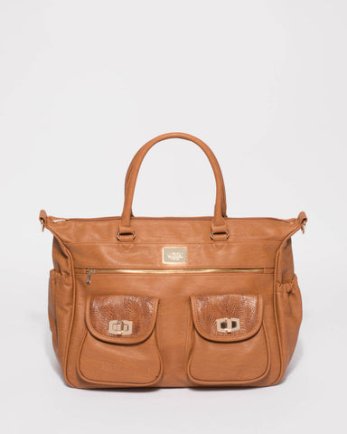 Tan Textured Double Pocket Baby Travel Bag With Gold Hardware