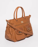Tan Textured Double Pocket Baby Travel Bag With Gold Hardware