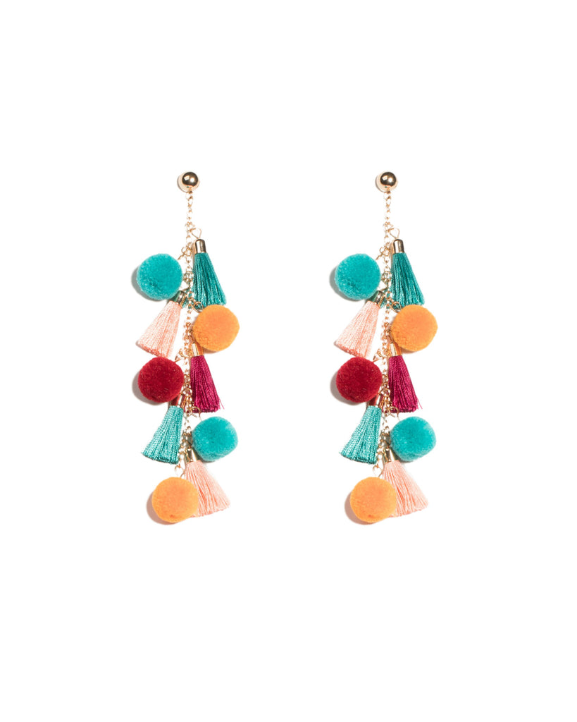 Multi Colour Gold Tone Pom Pom Tassel Drop Earrings