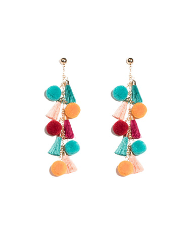 Multi Colour Gold Tone Pom Pom Tassel Drop Earrings