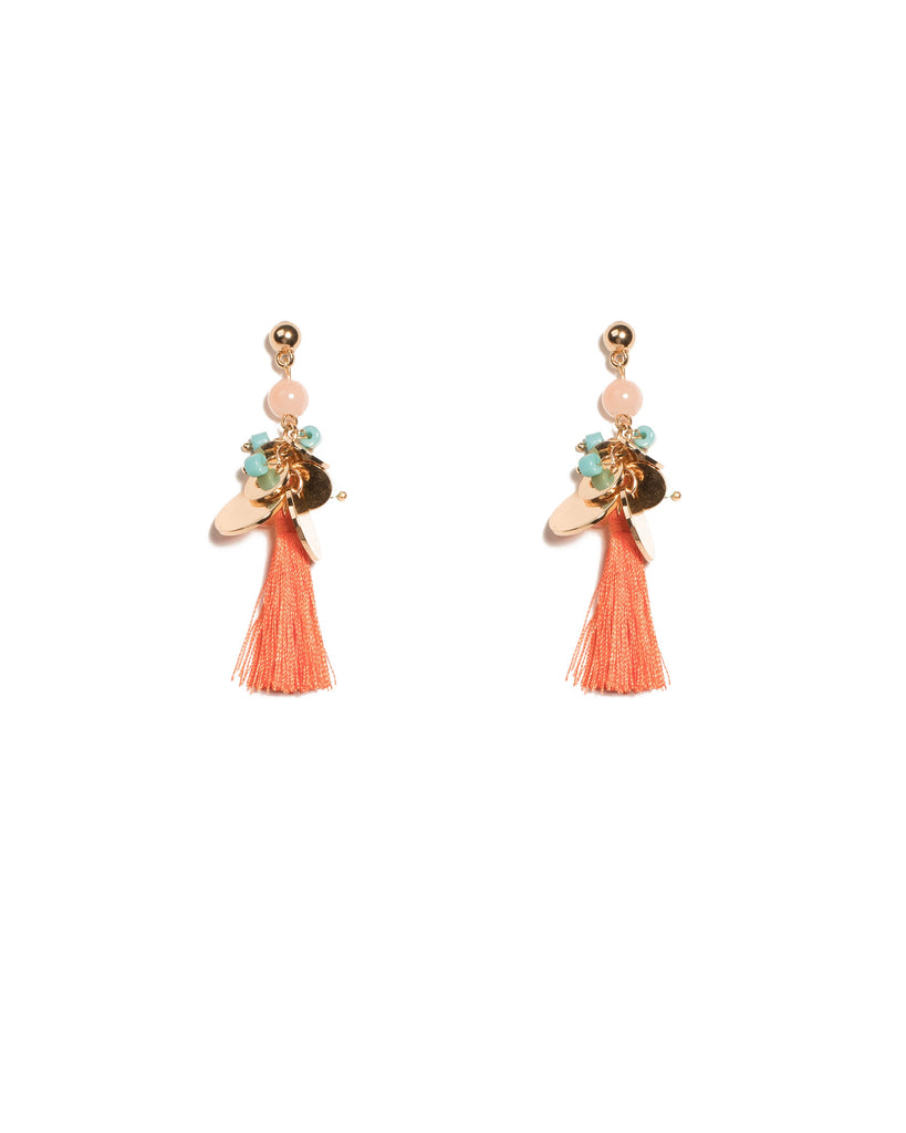 Multi Colour Gold Tone Flat Disc Stone Tassel Earrings