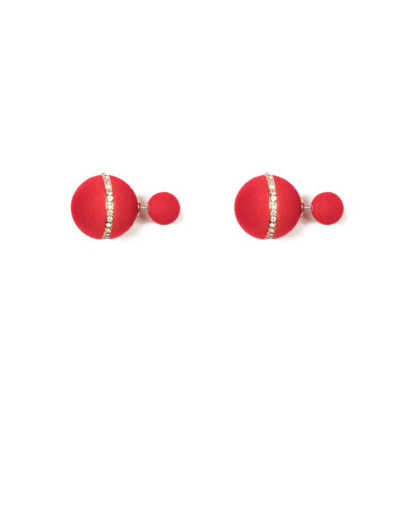 Red Gold Tone Diamante Velvet Ball Front Back Earrings