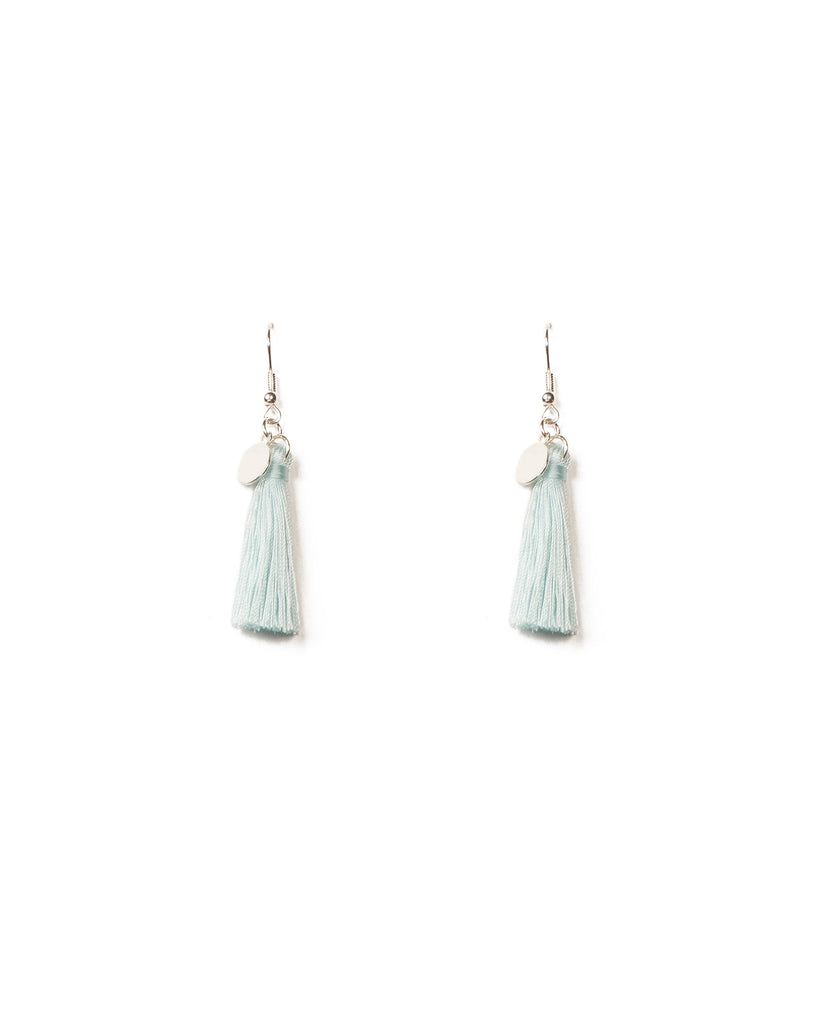 Light Blue Silver Tone Circle Disc Mini Tassel Earrings