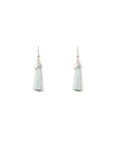 Light Blue Silver Tone Circle Disc Mini Tassel Earrings