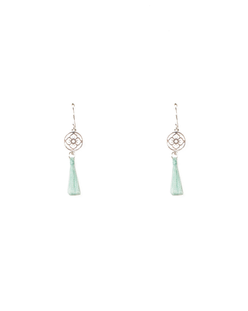 Blue Silver Tone Mini Filigree Tassel Drop Earrings