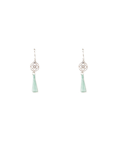 Blue Silver Tone Mini Filigree Tassel Drop Earrings